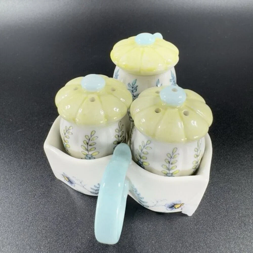 Anthropologie Ceramic Salt And‎ Pepper Covered Mustard Pot and Spoon on Tray VTG